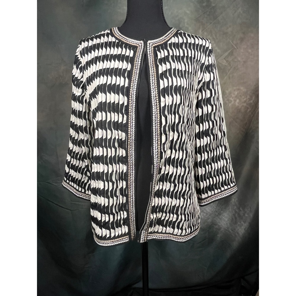 Chicos Travelers Collection Black White Geometric Beaded Open Jacket Sz 1 Medium